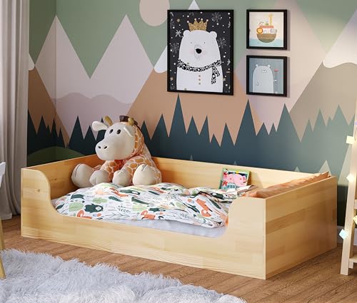 Bellabino Bodenbett AMU 80x160 cm, Montessori Kinderbett für Jungen und Mädchen aus Kiefer Massivholz inkl. Rolllattenrost Natur lackiert, Bett für Kinder Holz von Bellabino