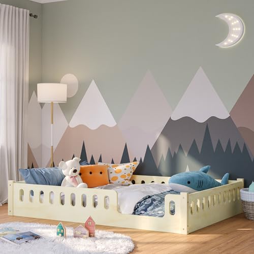 Bellabino Bodenbett Miera 140x200 cm, Montessori Kinderbett Natur lackiert, Bett für Kinder inkl. Rausfallschutz und Rolllattenrost mit Eingang aus Birke Sperrholz von Bellabino