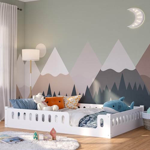 Bellabino Bodenbett Miera 140x200 cm, Montessori Kinderbett weiß, Bett für Kinder inkl. Rausfallschutz und Rolllattenrost mit Eingang aus MDF von Bellabino