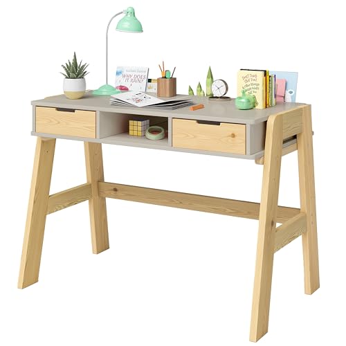 Bellabino Campo Kinderschreibtisch höhenverstellbar aus Holz in Beige/Natur mit 2 Schubladen 1 Ablagefach und 3 Aufbewahrungsfächern, Schreibtisch für Kinder, 75 x 59 x 93 cm von Bellabino