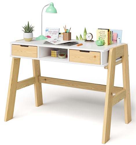 Bellabino Campo Kinderschreibtisch höhenverstellbar aus Holz in weiß/Natur mit 2 Schubladen 1 Ablagefach und 3 Aufbewahrungsfächern, Schreibtisch für Kinder, 75 x 59 x 93 cm von Bellabino