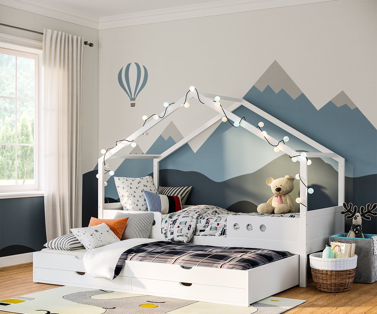 Bellabino Hausbett Bela (Kinderbett 90x200 cm, mit Gästebett 90x190 cm und 2 Schubladen, weiß), inkl. Rausfallschutz und Lattenrost, aus Kiefer Massivholz von Bellabino