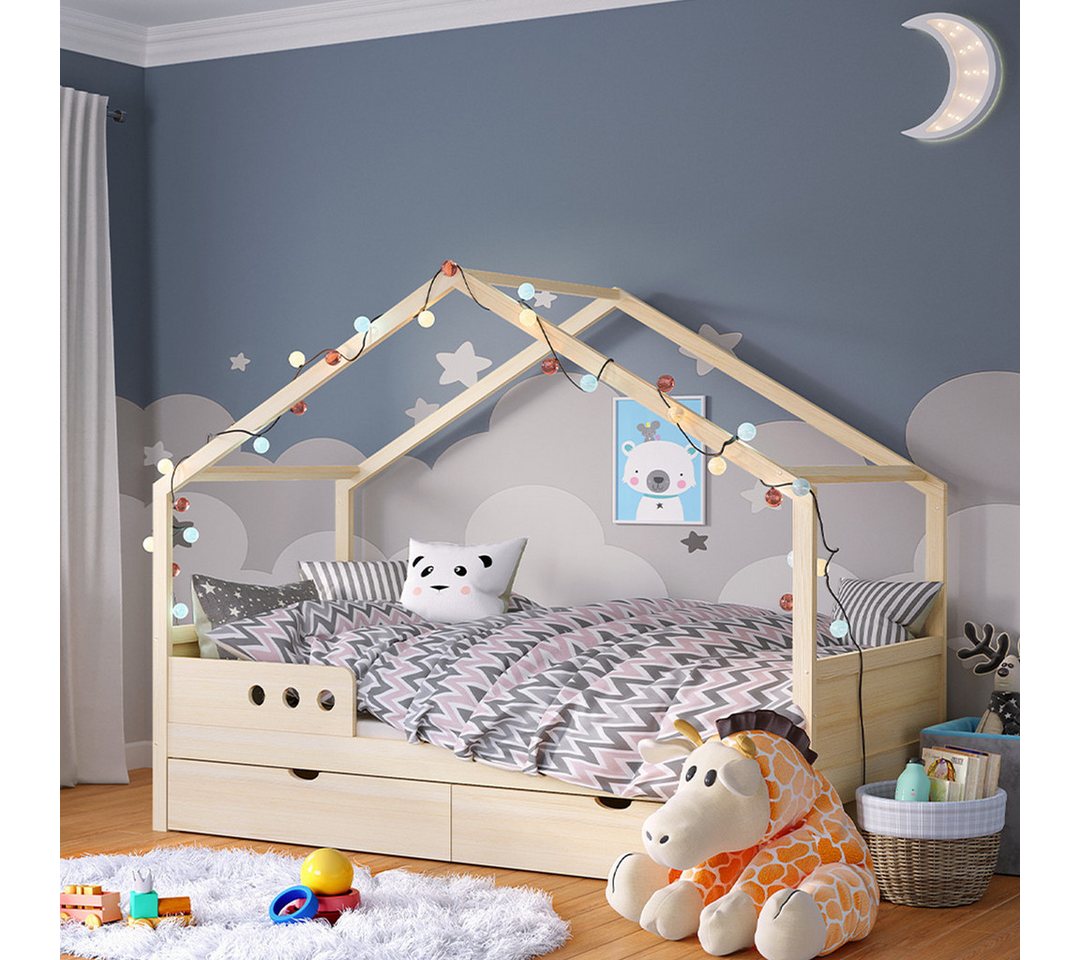 Bellabino Hausbett Bela (Kinderbett 90x200 cm, mit großer Schublade, natur), inkl. Rausfallschutz und Lattenrost, aus Kiefer Massivholz von Bellabino