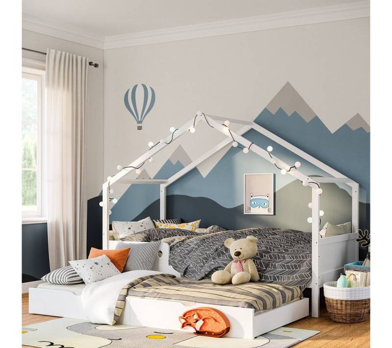 Bellabino Hausbett Bela 90x200 cm aus Massivholz Kiefer (weiß inkl. Gästebett 90x190 cm, optional mit Matratze), Kinderbett mit verstellbarem Rausfallschutz von Bellabino