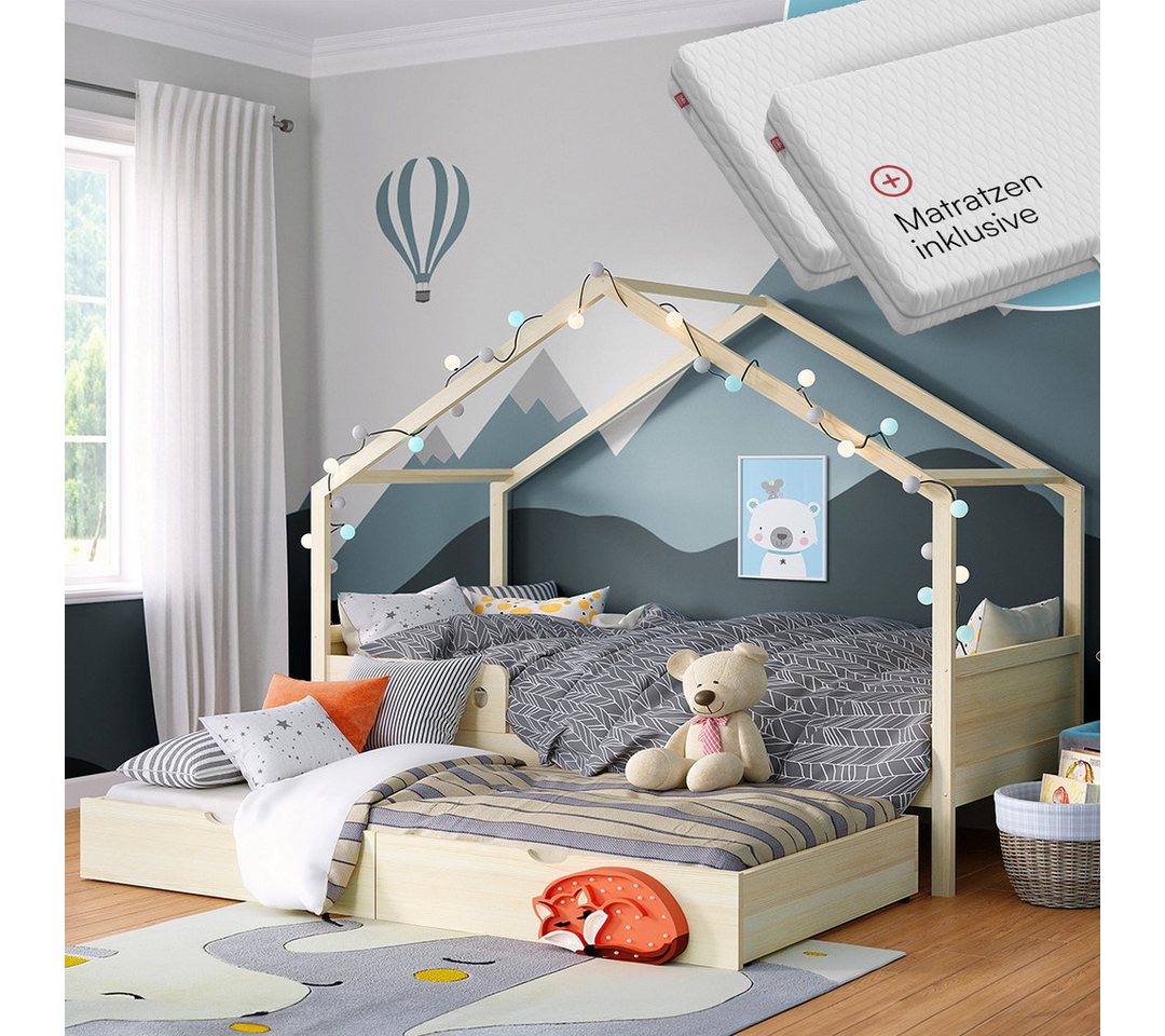Bellabino Hausbett Bela 90x200 cm aus Massivholz Kiefer (natur, inkl. Gästebett 90x190 cm & Matratze), Kinderbett mit verstellbarem Rausfallschutz von Bellabino
