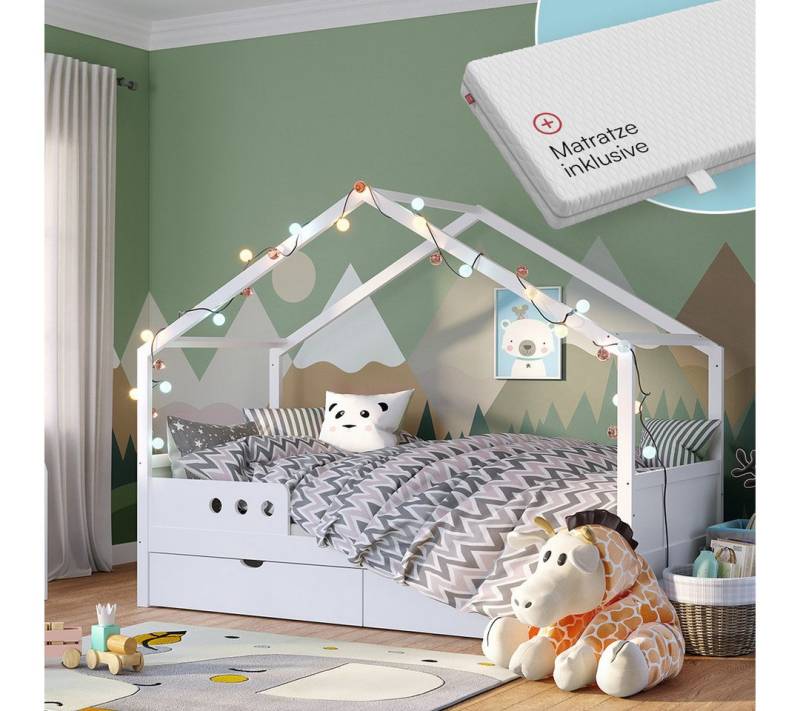Bellabino Hausbett Bela 90x200 cm aus Massivholz Kiefer (weiß mit 1 Schublade & Matratze), Kinderbett mit verstellbarem Rausfallschutz von Bellabino