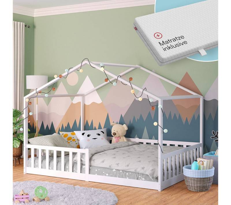 Bellabino Hausbett Bia mit Rausfallschutz und Lattenrost (weiß, mit Matratze), Bodenbett verfügbar in 80x160 & 90/120/140x200 cm von Bellabino