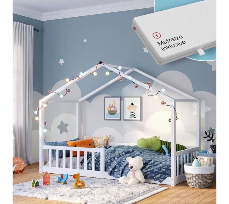 Bellabino Hausbett Bia mit Rausfallschutz und Lattenrost (weiß, mit Matratze), Bodenbett verfügbar in 80x160 & 90/120/140x200 cm von Bellabino