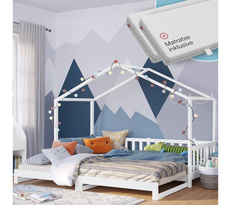 Bellabino Hausbett Bia mit Rausfallschutz und Lattenrost (weiß, mit ausziehbarer Liegefläche und zwei Matratzen), Bodenbett verfügbar in 80x160 & 90/120/140x200 cm von Bellabino