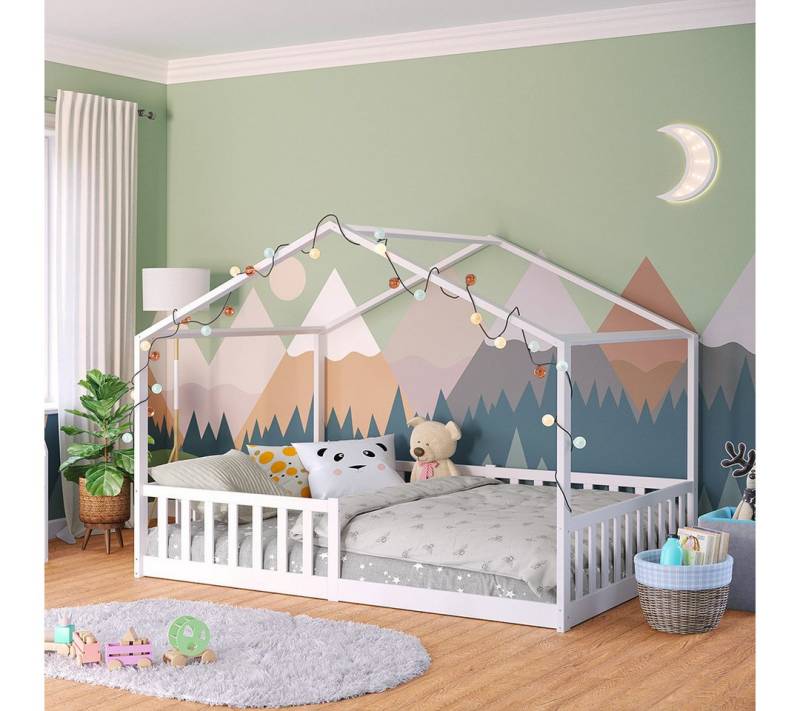 Bellabino Hausbett Bia mit Rausfallschutz und Lattenrost (weiß, optional mit Matratze), Bodenbett verfügbar in 80x160 & 90/120/140x200 cm von Bellabino