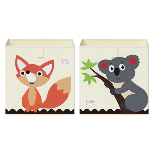 Bellabino Kinder Aufbewahrungsbox 2er Set Helme, Spielzeugbox für Kinderzimmer, Spielzeug Box, Spielzeug Aufbewahrung Motiv Koala/Fuchs, Maße 30x30x30 cm von Bellabino
