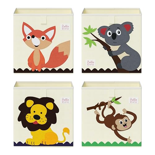 Bellabino Kinder Aufbewahrungsbox 4er Set Helme, Spielzeugbox für Kinderzimmer, Spielzeug Box, Spielzeug Aufbewahrung Motiv Affe/Löwe/Koala/Fuchs, Maße 30x30x30 cm von Bellabino