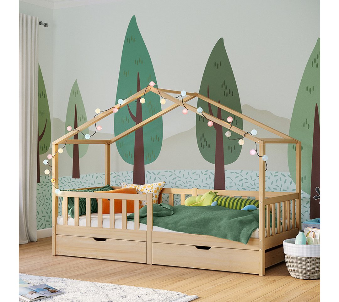 Bellabino Kinderbett Bia mit Lattenrost (natur, mit zwei Schubladen und Rausfallschutz), Hausbett, verfügbar in verschiedenen Ausführungen von Bellabino