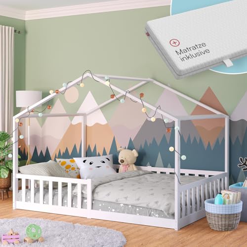 Bellabino Bia Kinderbett 140x200 cm – Hausbett mit Matratze, Rausfallschutz & Lattenrost – Montessori Bodenbett aus Massivholz Kiefer – Kinder Bett in Weiß für Jungen und Mädchen von Bellabino