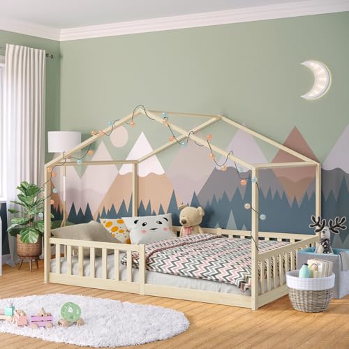 Bellabino Bia Kinderbett 140x200 cm – Hausbett mit Rausfallschutz & Lattenrost – Montessori Bodenbett aus Massivholz Kiefer – Kinder Bett in Natur für Jungen und Mädchen von Bellabino