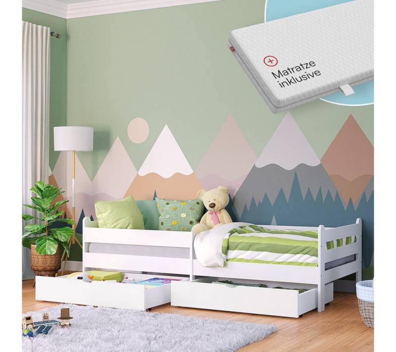 Bellabino Kinderbett Kuru 90x200 cm (weiß, integriertes Lattenrost und Rausfallschutz), mit zwei Schubladen & Matratze von Bellabino