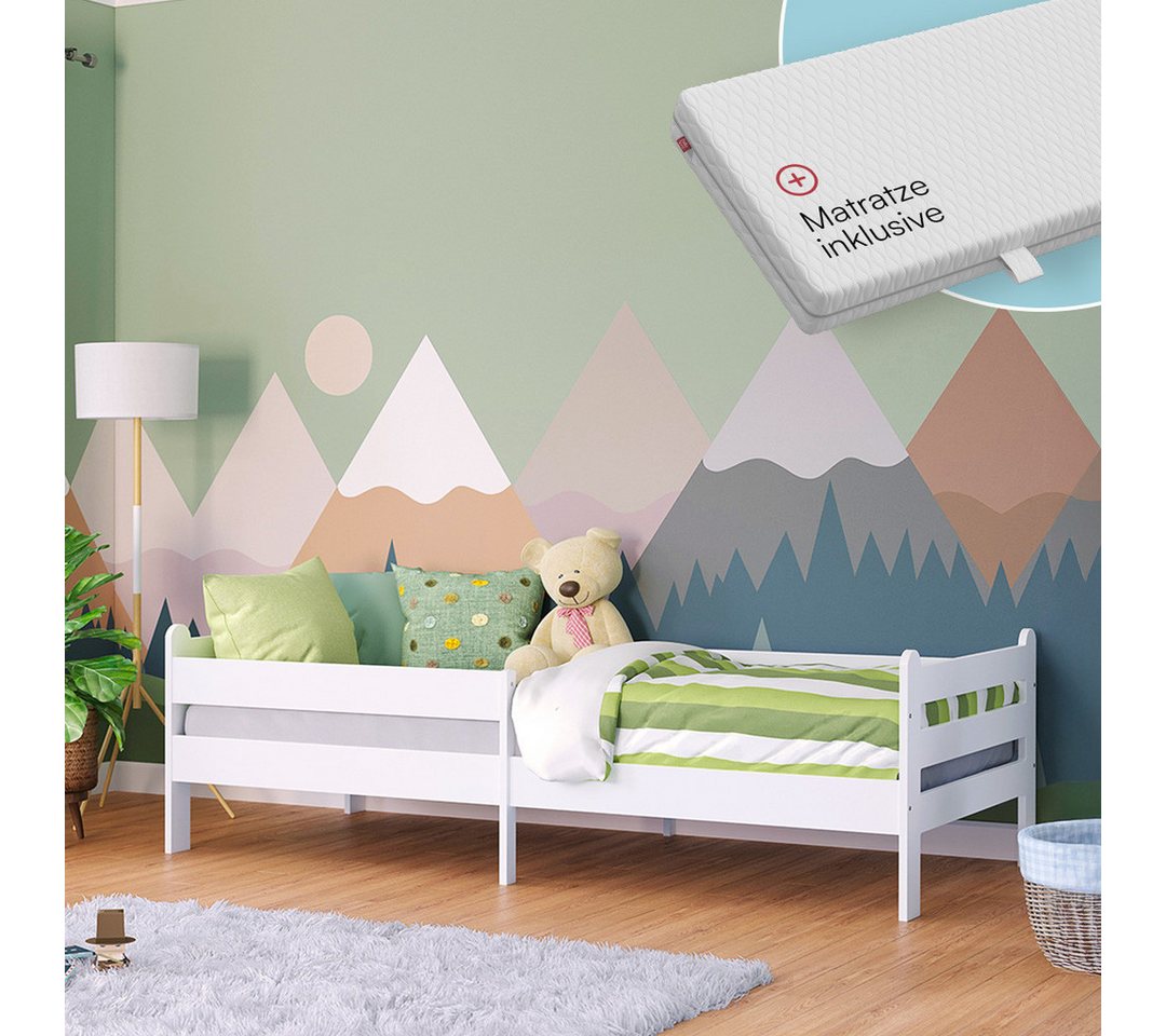 Bellabino Kinderbett Kuru 90x200 cm (weiß, integriertes Lattenrost und Rausfallschutz), mit Matratze von Bellabino