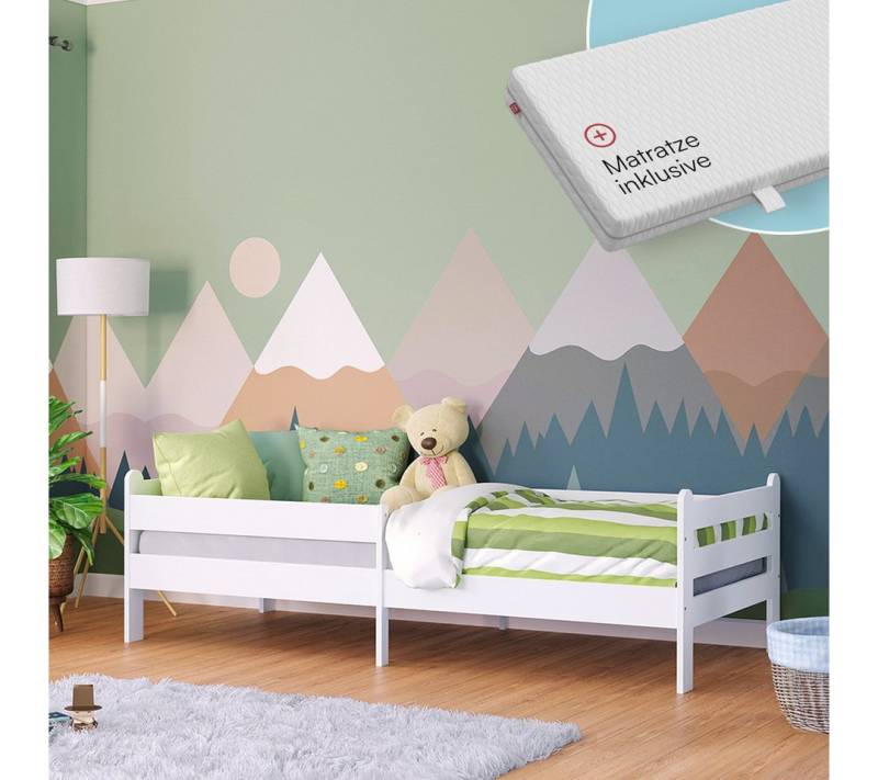 Bellabino Kinderbett Kuru 90x200 cm (weiß, integriertes Lattenrost und Rausfallschutz), mit Matratze von Bellabino