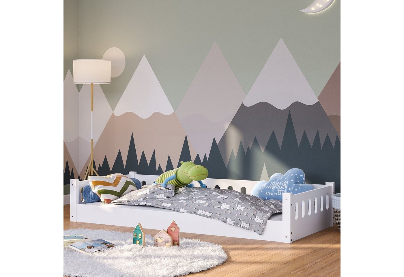 Bellabino Kinderbett Miera (Bodenbett 90x200 cm, inkl. Rolllattenrost), mit offener Seite, weiß aus MDF von Bellabino