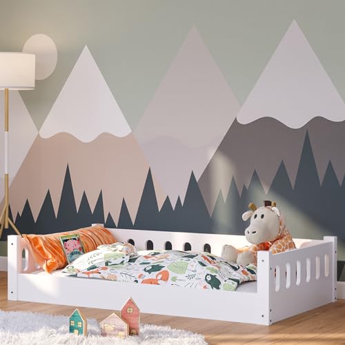 Bellabino Bodenbett Miera 80x160 cm, Montessori Kinderbett weiß, Bett für Kinder inkl. Rausfallschutz und Rolllattenrost mit offener Seite aus MDF von Bellabino
