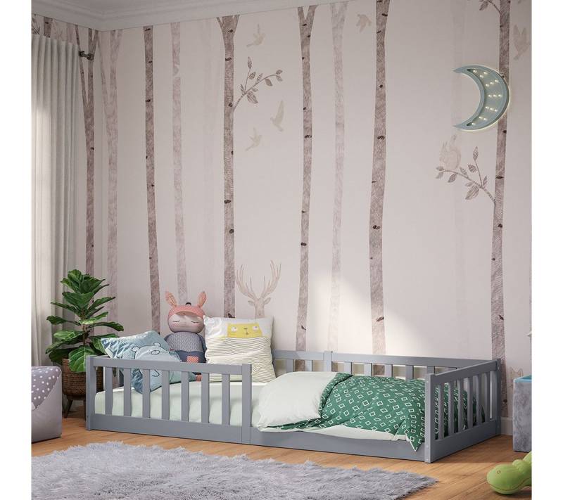 Bellabino Kinderbett Vere mit Rausfallschutz und Lattenrost (hellgrau, aus Kiefer Massivholz), verfügbar in 80x160 & 90/120/140x200 von Bellabino