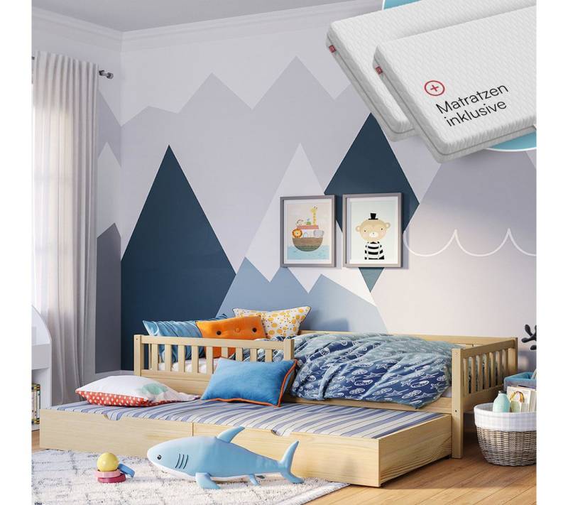 Bellabino Kinderbett Vils mit Lattenrost und Rausfallschutz 90x200 cm (natur, inkl. Gästebett 90x190 cm, mit 2 Matratzen), aus Kiefer Massivholz von Bellabino