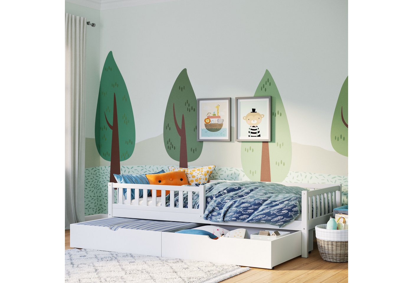 Bellabino Kinderbett Vils (Bett 90x200 cm mit großer Schublade, weiß), mit Lattenrost und Rausfallschutz, aus Kiefer Massivholz von Bellabino