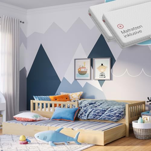 Bellabino Vils Kinderbett 90x200 cm – Kleinkindbett ausziehbar auf 90x190 cm mit 2 Matratzen, Rausfallschutz & Lattenrost – Montessori Kinder Bett aus Kiefer Massivholz – in Natur für Jungen & Mädchen von Bellabino