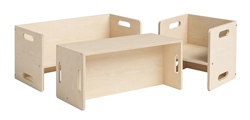 Bellabino Kindersitzgarnitur AKI Kindermöbel Set 3 TLG. Birke Natur, Montessori 2X Wendebank mit 1x Stuhl, multifunktionale Sitzgruppe aus Holz, Kindertisch Kinderstuhl 180 Grad drehbar von Bellabino