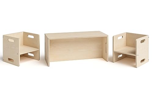 Bellabino Kindersitzgarnitur AKI Kindermöbel Set 3 TLG. Birke Natur, Montessori Wendebank mit 2 Stühlen, multifunktionale Sitzgruppe aus Holz, Kindertisch Kinderstuhl 180 Grad drehbar von Bellabino