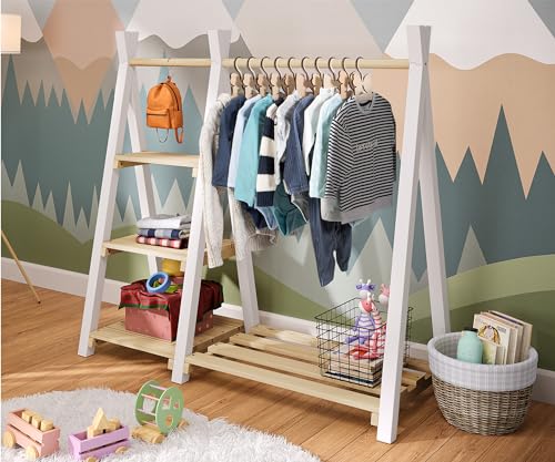 Bellabino Ryck Kleiderstange für Kinder – Kleiderständer aus Massivholz Natur/Weiß mit 4 Ablageflächen – Montessori Kindergarderobe für Jungen & Mädchen – Garderobe mit Schuhablage für Kinderzimmer von Bellabino
