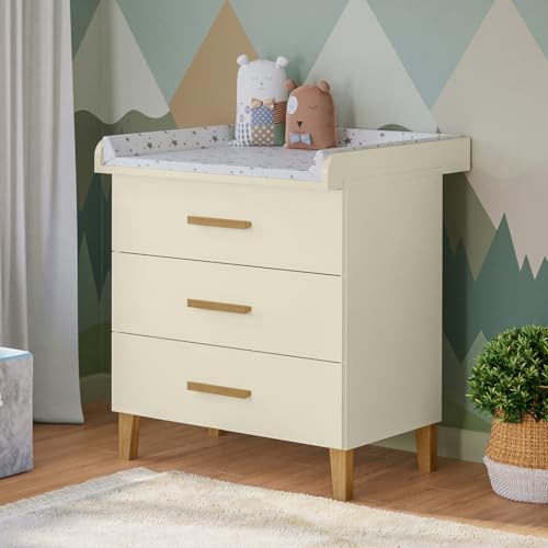 Bellabino Liri Wickelkommode – Wickeltisch mit abnehmbaren Wickelaufsatz und 3 Schubladen – Babykommode mit großer Wickelfläche in Beige/Natur – Wickelschrank für Babys von Bellabino
