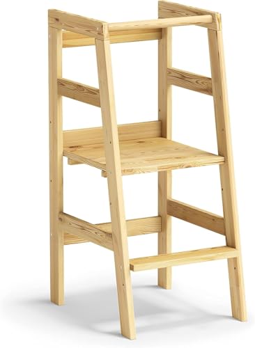 Bellabino Milo Lernturm für Kinder Natur, 3-Fach höhenverstellbar, Montessori Lernturm ab 1 Jahr aus Kiefer Massivholz, Küchenhelfer für Kinder Trittschemel von Bellabino