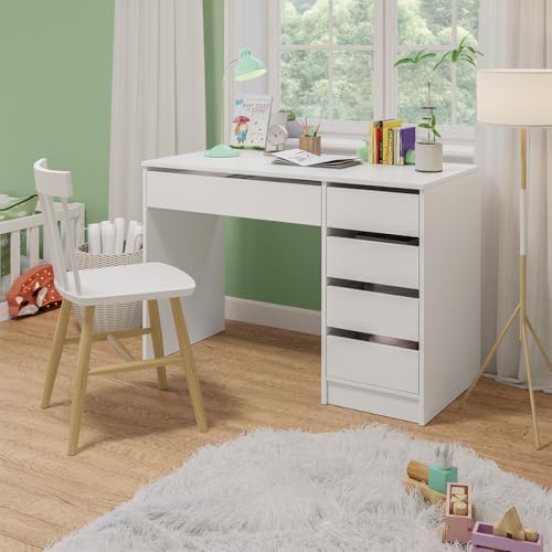 Bellabino Nore Kinderschreibtisch in Weiß mit 5 Schubladen - Jugendschreibtisch 110x53 cm - Schreibtisch Kinder ab 6 Jahren - Schülerschreibtisch mit Schubladen beidseitig montierbar für Kinderzimmer von Bellabino
