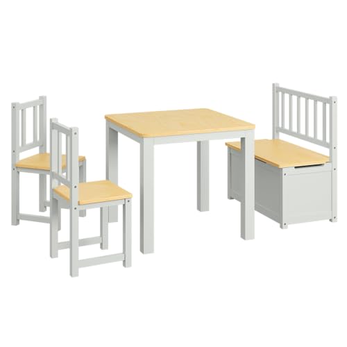 Bellabino Sora Kindersitzgruppe – Kindertisch mit 2 Stühlen und 1 Kindersitzbank aus Holz – Sitzgruppe Kinder Indoor mit Stauraum – Maltisch und Basteltisch ab 2 Jahren – Spieltisch Kinderzimmer Grau von Bellabino
