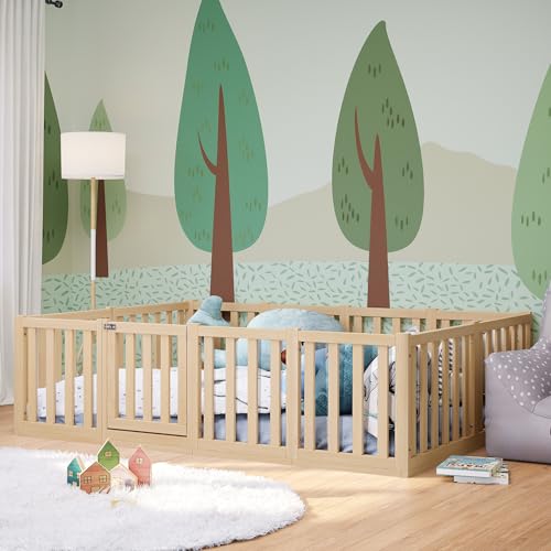Bellabino Tapi Bett 140x200 cm, Kinderbett mit extra hohem Rausfallschutz mit Tür, inklusive Lattenrost, Montessori Bodenbett für Jungen und Mädchen aus Kiefer Massivholz, Natur lackiert, Bed von Bellabino