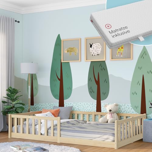Bellabino Vere Bodenbett 120x200 cm – Montessori Kinderbett mit Matratze, Rausfallschutz & Lattenrost – Jungen & Mädchen Kinder Bett aus Holz Kiefer – Kleinkindbett in Natur von Bellabino