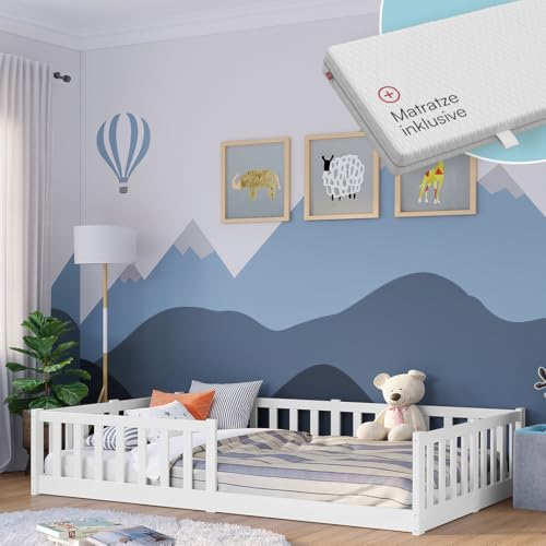 Bellabino Vere Bodenbett 120x200 cm – Montessori Kinderbett mit Matratze, Rausfallschutz & Lattenrost – Jungen & Mädchen Kinder Bett aus Holz Kiefer – Kleinkindbett in Weiß Bellabino Vere Bodenbett 120x200 cm – Montessori Kinderbett mit Matratze, Rausfallschutz & Lattenrost – Jungen & Mädchen Kinder Bett aus Holz Kiefer – Kleinkindbett in Weiß von Bellabino