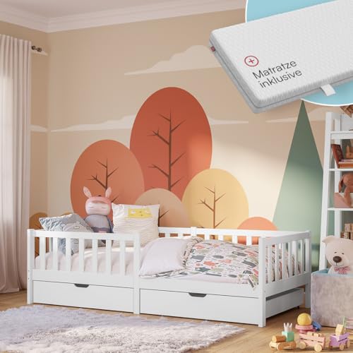 Bellabino Vere Kinderbett 90x200 cm – Montessori Bett mit Matratze, Rausfallschutz, Lattenrost & 2 Schubladen – Massives Kinder Bett für Jungen & Mädchen aus Kiefer – Kleinkindbett weiß mit Stauraum Bellabino Vere Kinderbett 90x200 cm – Montessori Bett mit Matratze, Rausfallschutz, Lattenrost & 2 Schubladen – Massives Kinder Bett für Jungen & Mädchen aus Kiefer – Kleinkindbett weiß mit Stauraum von Bellabino