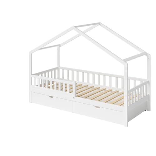 Bellabino Vils Kinderbett 90x200 cm – Hausbett mit großer Schublade, Rausfallschutz & Lattenrost in Weiß – Montessori Kinder Bett aus Kiefer Massivholz für Jungen und Mädchen – mit Stauraum Bellabino Vils Kinderbett 90x200 cm – Hausbett mit großer Schublade, Rausfallschutz & Lattenrost in Weiß – Montessori Kinder Bett aus Kiefer Massivholz für Jungen und Mädchen – mit Stauraum von Bellabino
