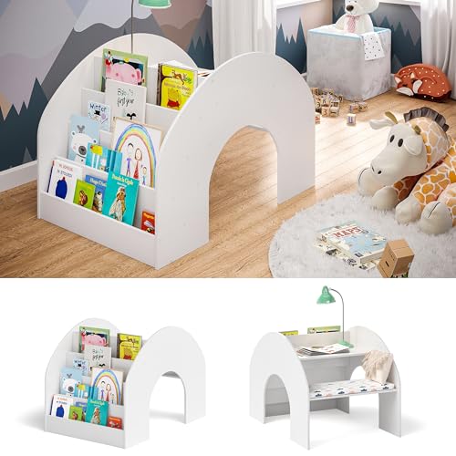 Bellabino 'Vily' 2in1 Kinderbücherregal und Schreibtisch, Montessori Regal für Kinder mit 4 Ablagefächern in weiß lackiert, Spielzeug Aufbewahrung mit Lernfläche aus Birke Sperrholz von Bellabino