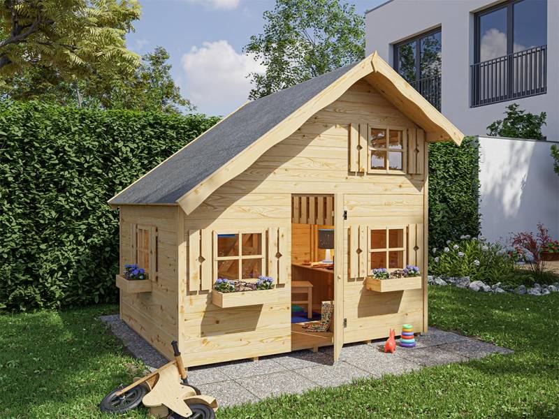 Belladoor Spielhaus Tom 15 mm naturbelassen - BxTxH: 260x253x228 cm, 2 Ebenen + 4 Fenster, inkl. Fußboden von Belladoor