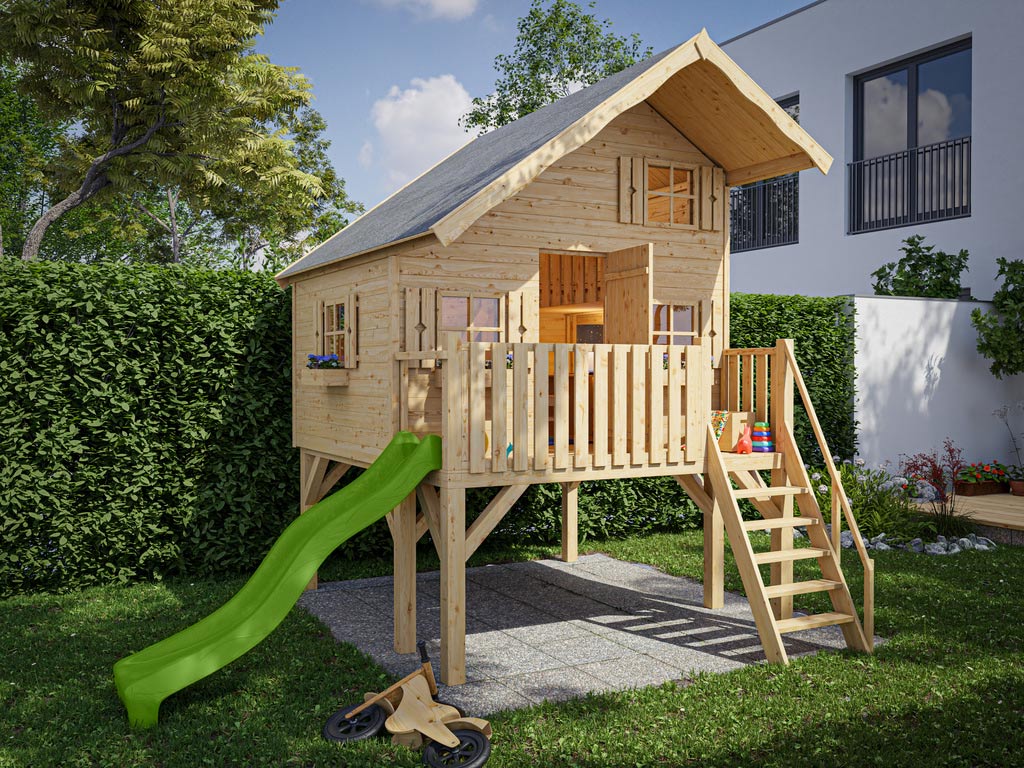 Belladoor Stelzenhaus Tom XL 15 mm naturbelassen inkl. Veranda, Stelzen und Rutsche grün - BxTxH: 260x253x354 cm, inkl. Rutsche grün, inkl. Veranda + von Belladoor