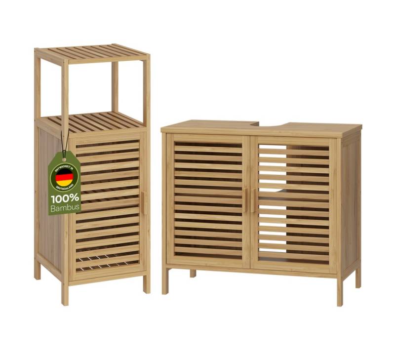 Bellamio Badmöbel-Set Newa, (2er-Set, 1x Waschbeckenunterschrank, 1x Hochschrank mit 4 Fächern), aus Bambus, natur lackiert von Bellamio