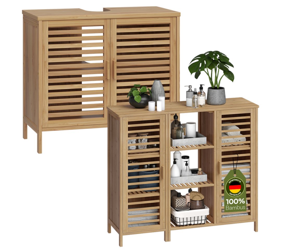 Bellamio Badmöbel-Set Newa, (2er-Set, 1x Waschbeckenunterschrank, 1x Schrank), aus Bambus, natur lackiert von Bellamio