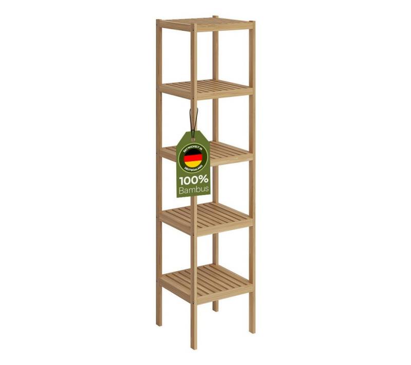 Bellamio Badregal Newa aus Bambus, 5 Ebenen, natürliches Standregal lackiert, verfügbar mit 3 oder 5 Ablageflächen von Bellamio