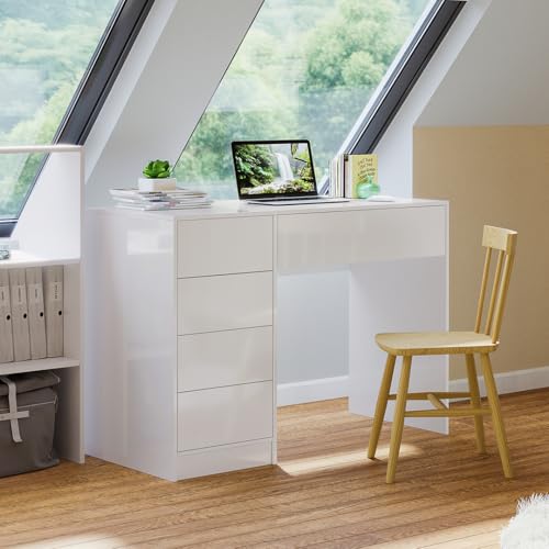 Bellamio Livny Schreibtisch mit Schubladen Hochglanz, Laptoptisch in weiß mit 5 Schubladen, Computertisch 80 x 53 x 110 cm, Kinderschreibtisch Jugendschreibtisch Schubladen beidseitig montierbar von Bellamio