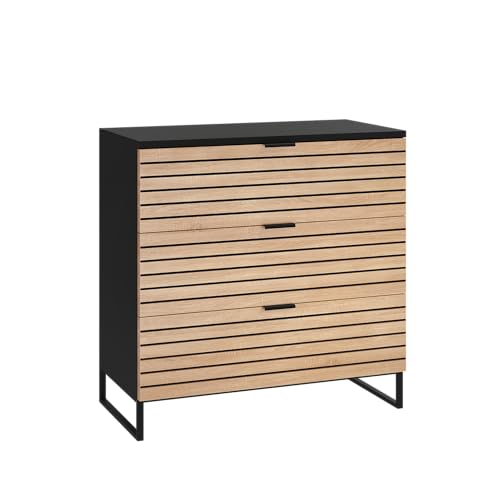 Bellamio Luvua Kommode – Sideboard in schwarz mit Eichen-Front – Lowboard mit 3 Schubladen – Aufbewahrungskommode für Wohnzimmer, Schlafzimmer, Flur – Holz Schrank 80 x 40 x 80 cm (HxTxB) von Bellamio