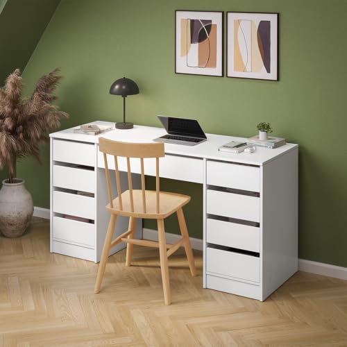 Bellamio Nore Schreibtisch in Weiß mit 9 Schubladen - Jugendschreibtisch 75x53x145 cm - Schminktisch & Schreibtisch Kombi - Computertisch mit beidseitigen Schubladen – Bürotisch mit Stauraum von Bellamio