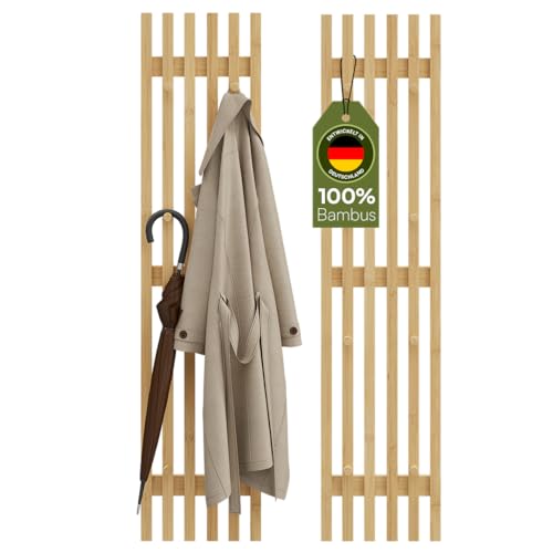 Bellamio Sava Garderobenpaneel 2er-Set – Flurgarderobe aus Bambus 110 x 25 cm – schmale Wandgarderobe mit 8 Kleiderhaken – Wandpaneel für Flur/Eingangsbereich/Schlafzimmer/Garderobe von Bellamio